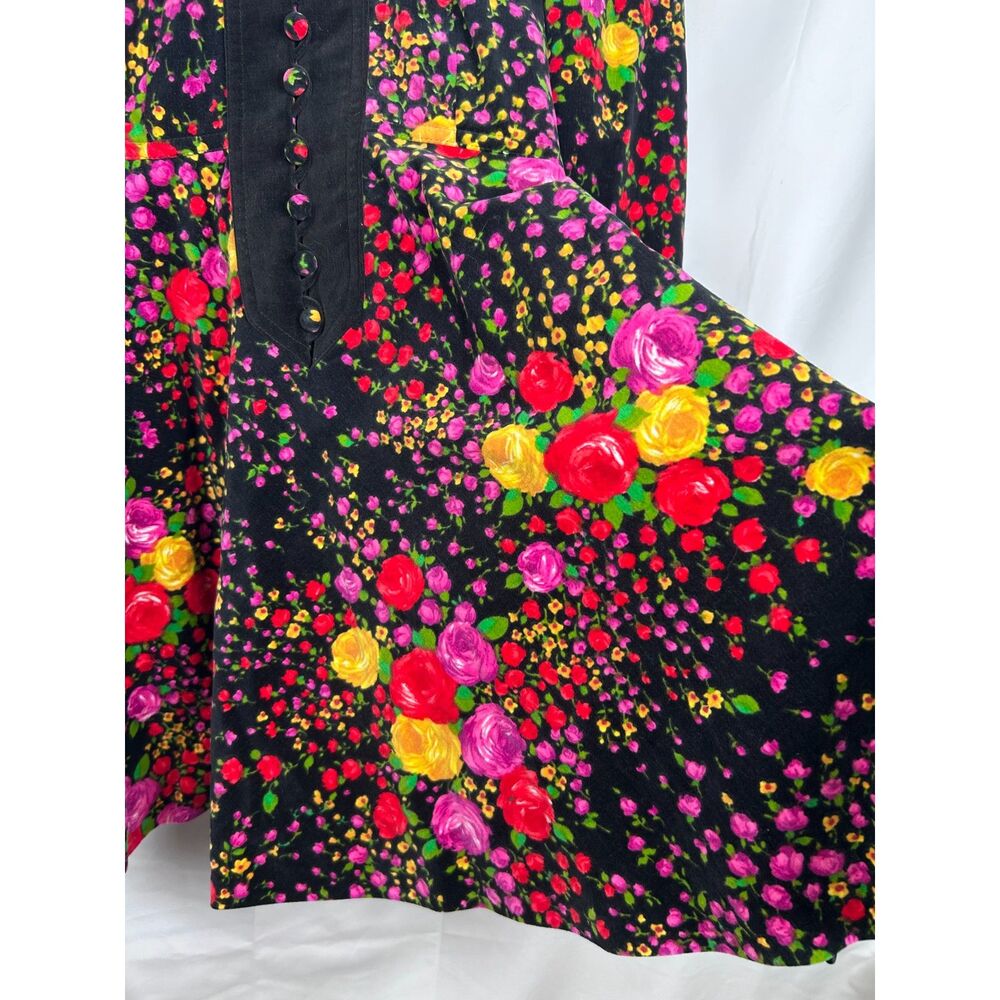 Vintage 70s Orphee Paris Floral Velvet Mini Dress XS Black French Mod Psych - Picture 11 of 16